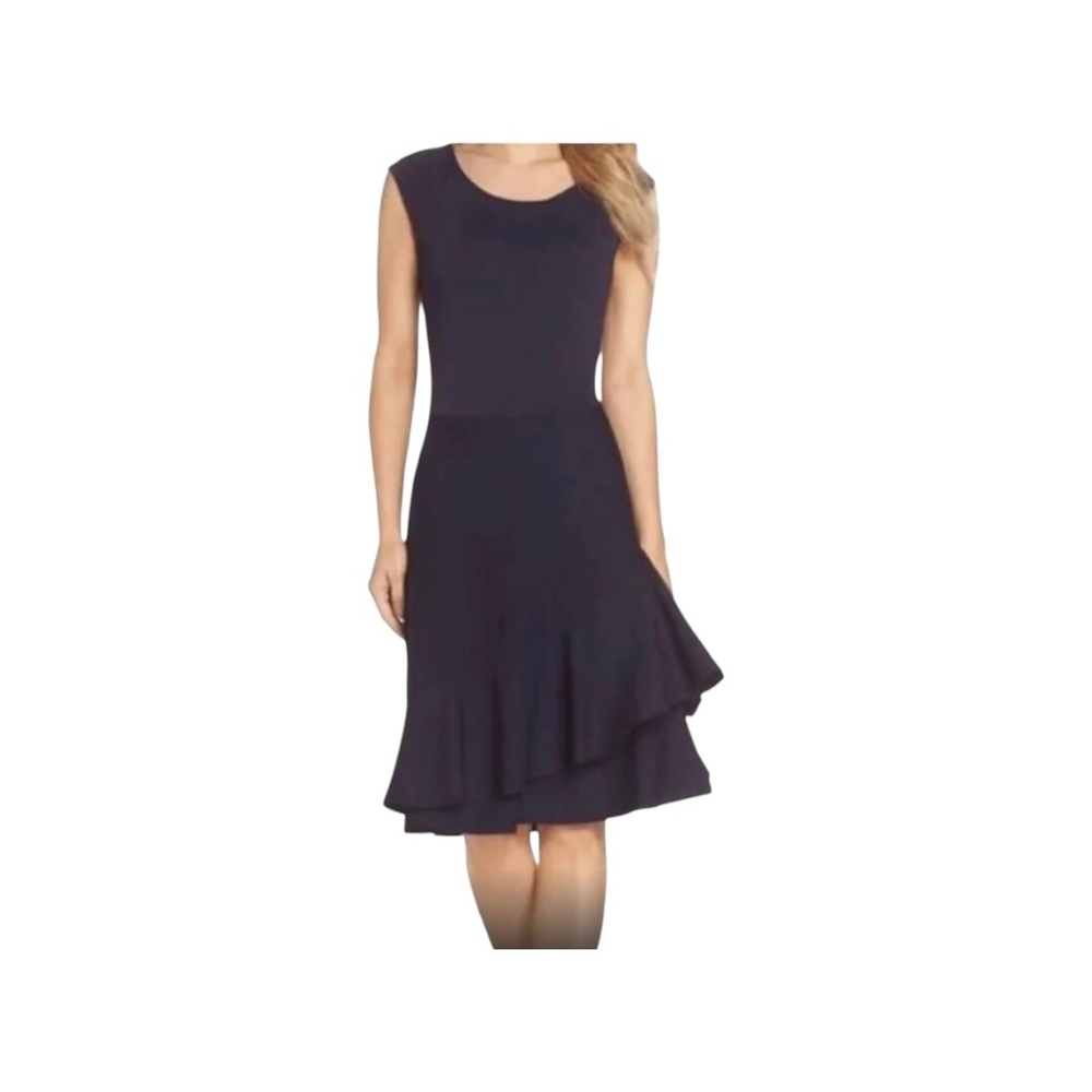 Eliza J.  Dark Navy Cap Sleeves Double Ruffle Hem Midi Dress PM